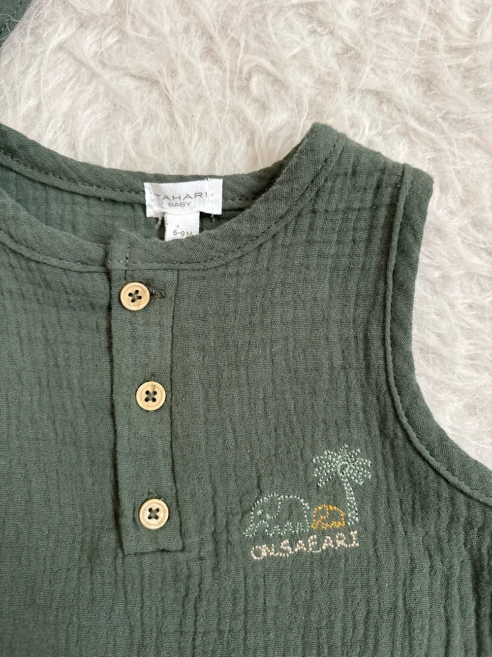 Tahari Baby Olive Green Safari Muslin Romper and Matching Hat Set